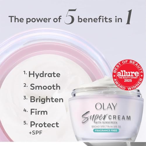 Image of Olay Super Cream with Sunscreen SPF 30, Fragrance Free Lightweight Face Moisturizer with Sun Protection, 5-in-1 Skin Care - Hydrating, Brightening - Niacinamide, Vitamin C, Collagen, 1.7 oz