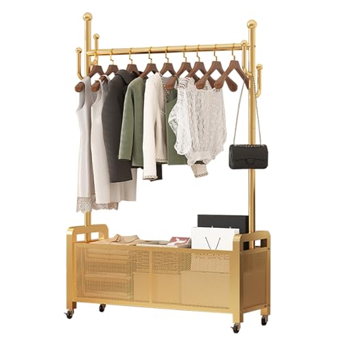 ZENSTYW Percheros Burro Independiente Con Barra Superior Metal,Burro Ropa Portátil,Con Estante De Almacenamiento Y Ruedas,Adecuado Para Dormitorio,Tienda(Gold,100cm/39.4in)