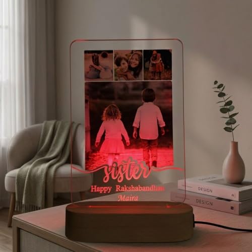Image of Personalized Rakshabandhan Table Lamp for Sister - Custom Photo Night Light with Name - LED Acrylic Gift for Sister from Brother - Happy Raksha Bandhan Decoration