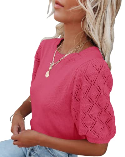 Image of Womens Short Sleeve Sweaters Crewneck Knit Pullover Tops 2025 Summer Casual Lightweight Crochet Blouse Shirt Rose Red