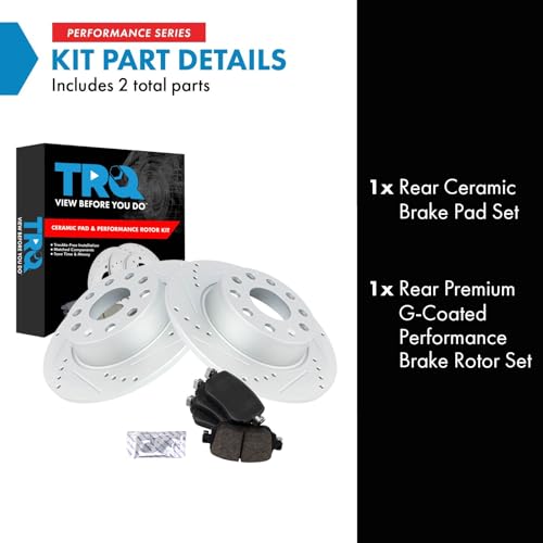 Image of TRQ Performance Rear Brake Pad and Rotor Set Ceramic Drilled Slotted G Coated Rotors Compatible with 15-21 Volkswagen Golf 17-19, Alltrack 15-19 Golf SportWagen 15-18 GTI 15-21 Passat