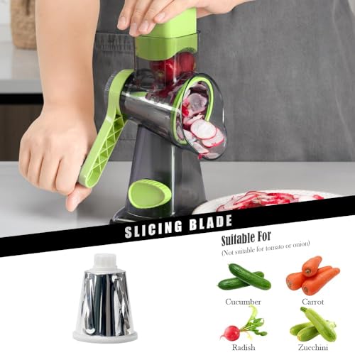 Image of Badelite Cheese Grater Hand Crank Rotating Cheese Shredder Stainless Steel Vegetable Slicer Grater for Kitchen 3 Blades for Cheese, Carrot, Cucumber, Nuts, Chocolate, Green