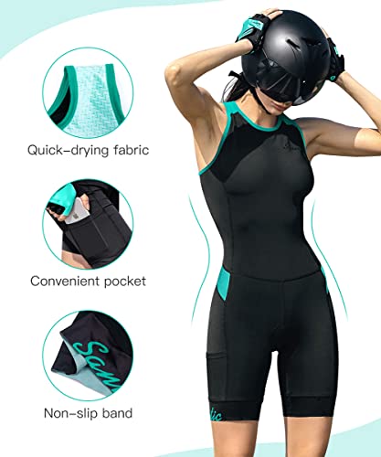 Trisuit Damen Santic Triathlonanzug ärmellos Einteiler Schwarz-Grün XS