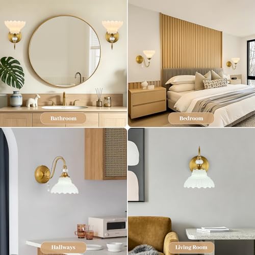 Image of 1 Piece Vintage Wall Sconce, 1-Light Brushed Gold Finish Wall Sconce with Hanging Crystal Accents and Flower-Shaped White Shades for Bathroom Bedroom Living Room,Vintage Vanity Light