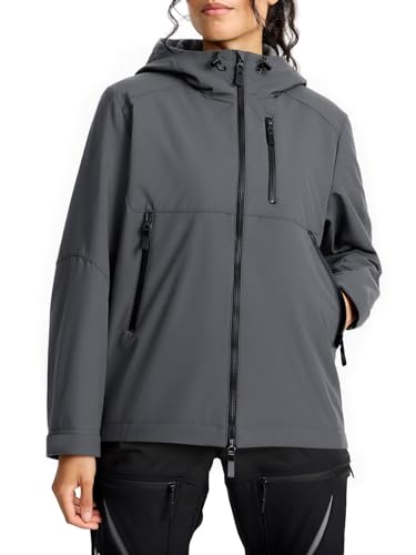 Fiosew Chaqueta impermeable para mujer, chaqueta de forro polar, cortavientos, chaqueta ligera de entretiempo, chaqueta funcional con capucha, gris oscuro, XL