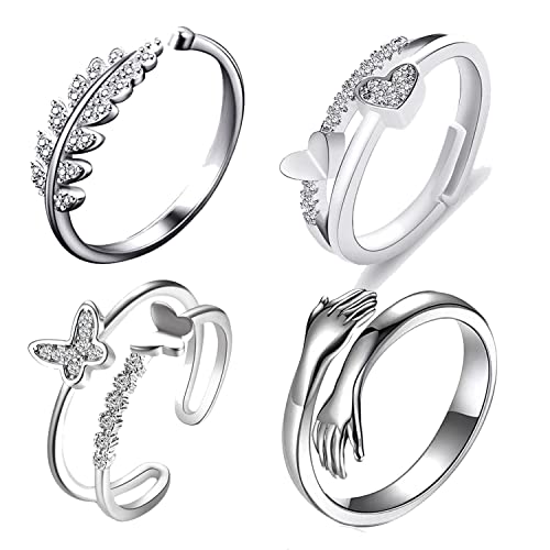 Fashion Frill Silver Rings For Women Stainless Steetl AD Heart Hug Silver Adjustable Ring For Women Girls Anniversary Gift For Wife Girlfriend Love Gifts Jewellery