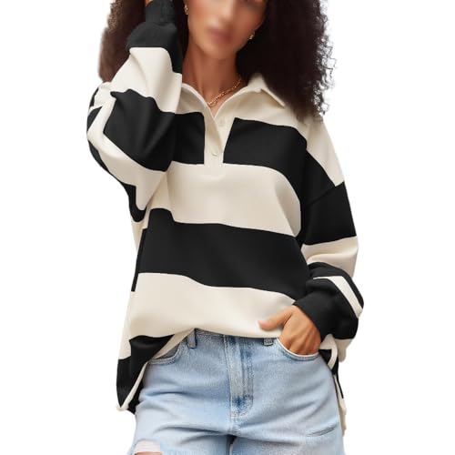 Y2k Women Striped Rugby Polo Shirt Long Sleeve Collared Oversized Vneck Sweatshirt Vintage Jersey Girls Streetwear
