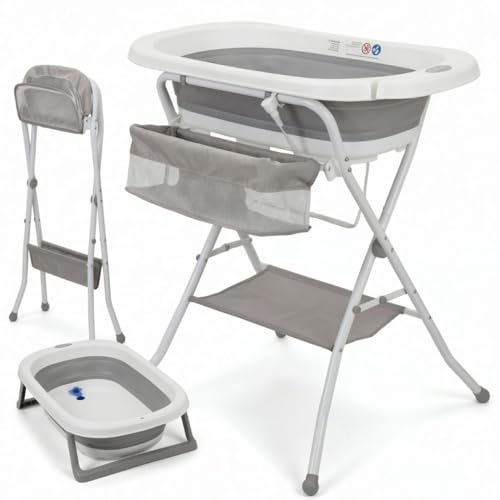 Bathby Bañera Plegable De Bebé Y Con Soporte De Patas Antideslizantes Portátil Tubo De Desagüe Cesta Para Juguetes Y Organizador Lateral Para Champú Ligera, Compacta Y Segura Para Baño Gris