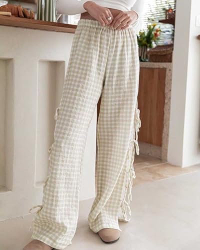 Womens Gingham Striped Wide Leg Pants Y2k Lounge Pants Lace Up Loose Trousers3