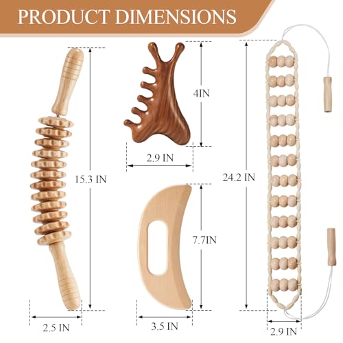 Image of 4Pcs Wood Therapy Massage Tools Lymphatic Drainage Massager Wooden Massager Body Sculpting Tools for Maderoterapia,Anti-Cellulite,Pain Relief(4-in-1 Massager)