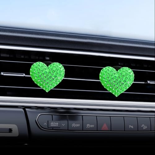 Image of Car Bling Air Vent Clips, 2 Pcs Bling Heart Charm Air Conditioning Outlet Clip, Crystal Rhinestone Accessories, Car Interior Decoration Cute Accessories for Women Girls (Green, Vanilla)