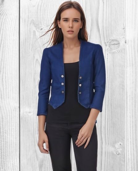 Image of Women's Blue Cropped Blazer, 3 /4 Sleeve, Button Front, Formal Jacket