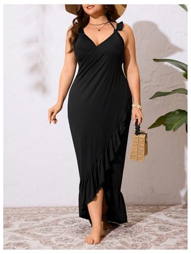 OYOANGLE Women's Plus Size Swim Cover Up Dress Wrap V Neck Ruffle Long Dresses Sarongs Swimwear3