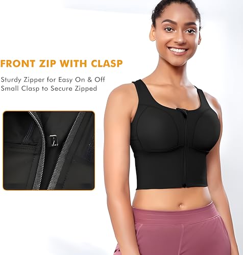 Image of Fabluk Women's Medium Impact Front Zip Sports Bra - Longline Fitness Crop Top with Criss-Cross Back, Wire-Free Yoga & Workout Tank, Sizes M-2XL