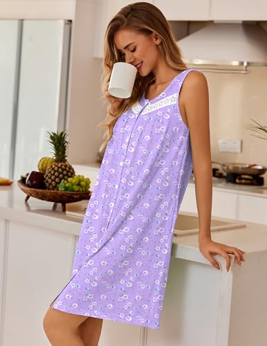 Image of Ekouaer Nightgowns for Women Button Up Sleepshirt Tank Sleeveless Nightshirt Soft Sleepwear with Pockets S-XXXL