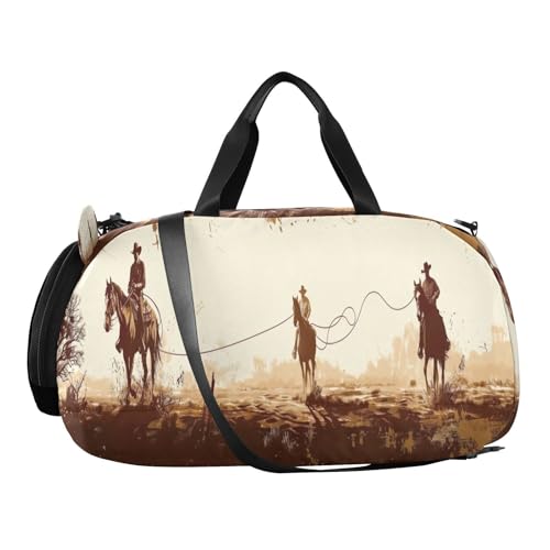 YETTASBIN Sport Travel Duffel Bag for Girls Boys, Vintage Cowboy Large Waterproof Weekender Overnight Bag, Detachable Shoulder Strap Gym Bag with Shoe Compartment & Wet Pocket2