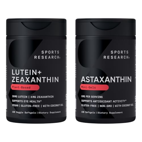 Sports Research® - 20mg Lutein + 4mg Zeaxanthin Made with Lute-Gen® and 6mg Astaxanthin Supplement from Icelandic Astalif (120 Softgels Each)