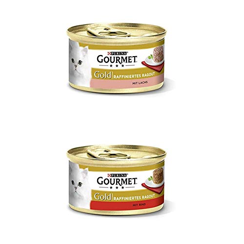 PURINA GOURMET Gold Katzenfutter nass 24er Mix-Pack, Ragout Lachs und Ragout Rind, (2 x 12 x 85g)