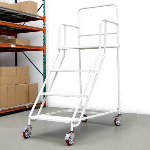 Image of 4 Step Rolling Ladder - Mobile Rolling Stairs with Wheels, Heavy Duty Industrial Safety Non-Slip Metal Rolling Ladders, 880lbs Capacity, for Warehouse, Garage, Supermarket