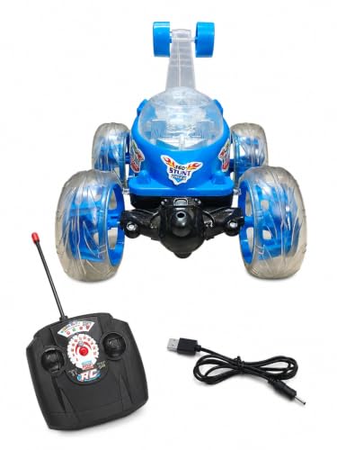 Image of Rechargeable 360 RC Stunt Car for Kids | Double-Sided High-Speed Remote Control Car with LED Lights | Rechargeable Battery Type C Charging (Blue)