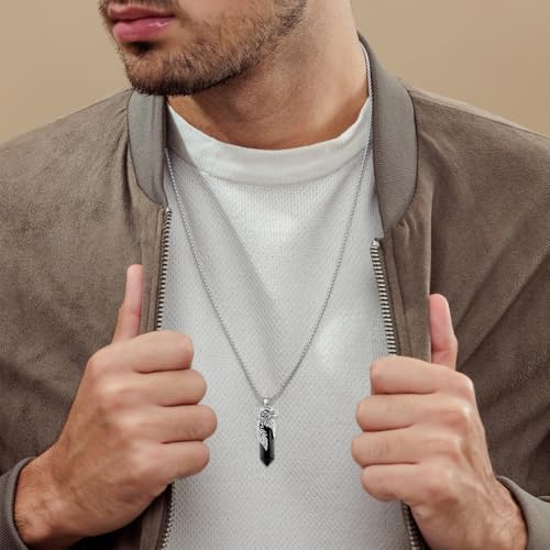 Eagle Necklace with Black Obsidian 925 Sterling Silver Cool Hawk Pendant Necklaces Jewelry for Men, w/Stainless Steel Chain 22'' + 2''2