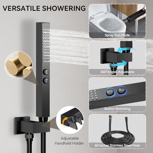 Thermostatic Shower System,Shower Faucet Set,12 Inch Ceiling Mounted and 6 Inch Wall Mount Rain Shower Head with 2 in 1 Handhled,Push Button Diverter Dual Shower Head Combo Set Matte Black