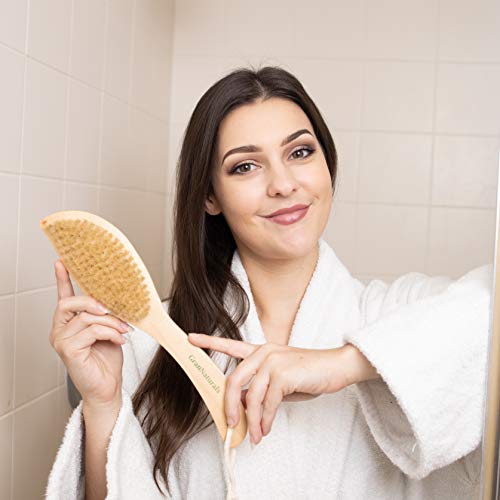 Image of GranNaturals Dry Skin and Body Brush - 11.4 Inches - Improve Blood Circulation, Exfoliate Skin, Reduce Cellulite - Curved Natural Bristle Exfoliating Brush for Back, Legs, Feet