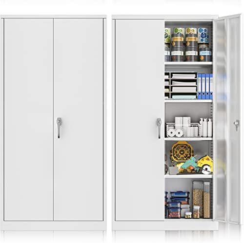 INTERGREAT Metal Storage Cabinet with Locking Doors and Shelves, White Office File Cabinet with Lock, Tall Lockable Steel Supply Cabinet Locker for Home, School, Gym, Large Capacity
