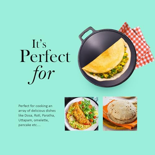 Image of Kichera Pre Seasoned Single Handle Cast Iron DosaTawa | Roti Pan 11 Inch | Non-Stick Cookware for Perfect Dosa & Roti 28cm Diameter, 2.1kg | Induction Friendly | Pure & Toxin-Free