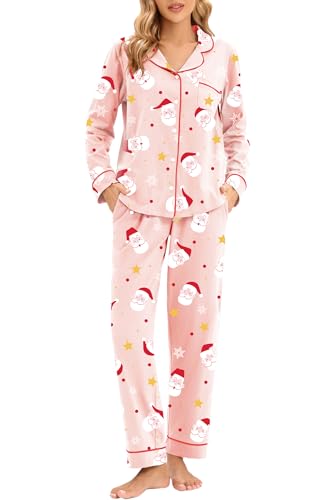 Image of LUBOT Christmas Pajamas for Women 100% Cotton Pajama 2 Piece PJ Set Soft Long Sleeve Button Xmas Print Loungewear XS-XXL