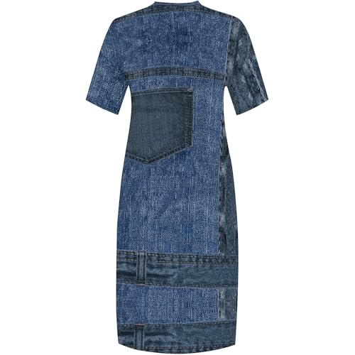 Image of SUZONANA Plus Size Denim Print Shirt Maxi Dresses for Curvy Women Casual Blue Jean Summer Outfits Long Short Sleeve Dress with Pockets Patchwork 5XL