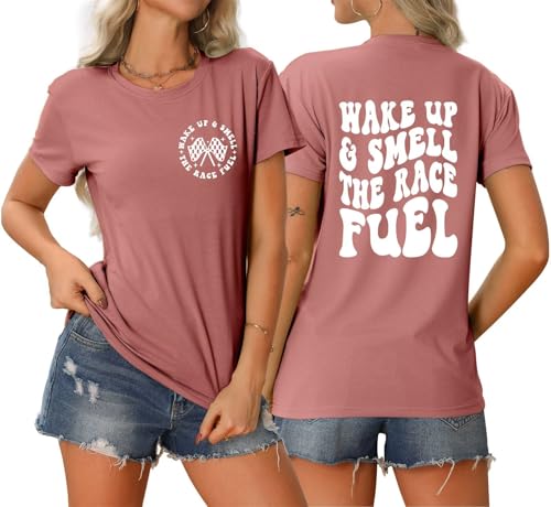 Racing Shirt for Women Wake Up and Smell The Race Fuel Tshirt Race Day Shirt Funny Graphic Tee Casual Short SleeveTop2