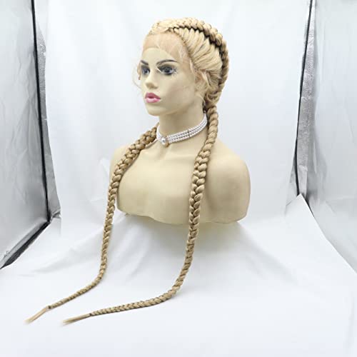 xiweiya 32” Double Braids Mixed Blonde Lace Front Braids Extra Long 100% Hand Braided Swiss Twins Blonde Braided Wigs with Baby Hair Lightweight Synthetic Twist Braids Wig