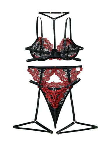 Image of Lilosy Sexy Choker Floral Lace Scallop Sheer Underwire Push Up Garter Belt Lingerie Set 3 Piece