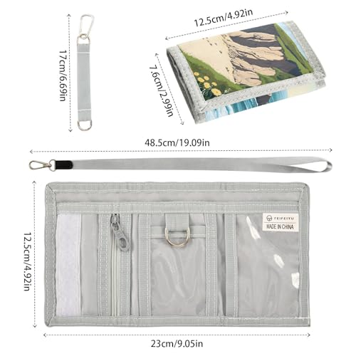 Coastal Seascap Eart Durable Nylon Fabric Wallet for Boys and Girls - Multi-Functional with 2 Clear Pockets, Zipper Coin Compartment, 3 Card Slots & Keyring3