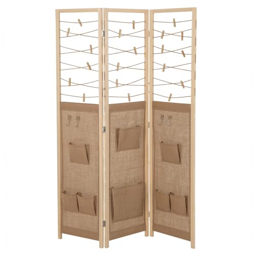 LIFEZEAL Séparé à 3 panneaux, séparateur intérieur, paravent pliant, monté, en bois massif et tissu, avec 8 poches, 4 crochets, 20 pinces, cloison,...