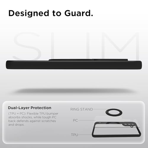 Image of RIGGEAR Shockproof Sleek Hybrid Armor 360 Rotating Magnetic Ring Stand Back Cover Case Compatible with MagSafe Accessories for Samsung Galaxy A37 5G (Clear PC + Black TPU Bumper)
