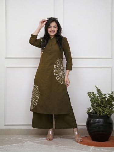 Image of GoSriKi Cotton Blend Embroidered A-Line Kurta with Palazzo for Women | Cotton Blend Orange | 3 /4 Sleeve | Mandarin Collar | Ethnic Wear Casual Wear