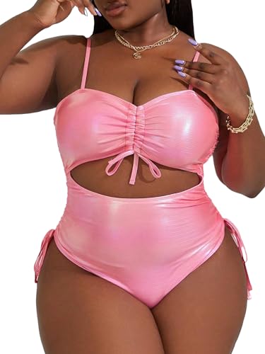 MakeMeChic Women's Plus Size Metallic Cut Out Drawstring One Piece Swimsuit High Cut Bathing Suit
