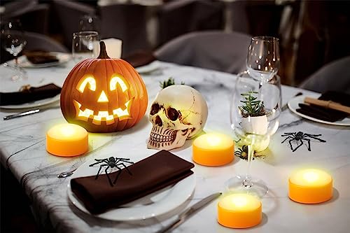 Image of 4 Pack Flameless Halloween Pumpkin Lights with Remote and Timer | Flickering LED Jack-O-Lantern lights, Electric orange timer candles battery operated, for porch pumpkins, outdoor party decor