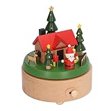 BSTCAR Caja de Música Giratoria de Madera, Caja de Música Navideña con Fondo Redondo para Casa de Papá Noel, Cajas Musicales, Figuritas para Decoración Navideña (Casa de Papá Noel de