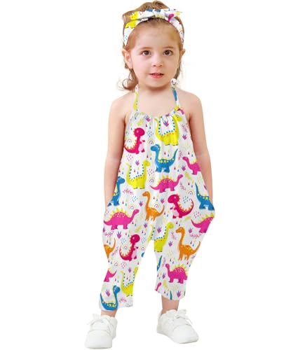 RAISEVERN 3T 4T Toddler Girls Dinosaur Rompers Halter Jumpsuit Clothes Little Kids Summer Sleeveless Slouch Pants Outfits with Headband