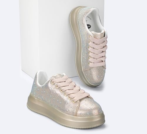 Image of LUCKY STEP Rhinestone Platform Sneakers for Women | Sparkly Glitter Bling Tennis Shoes Fashion Wedding Party Walking Sneakers