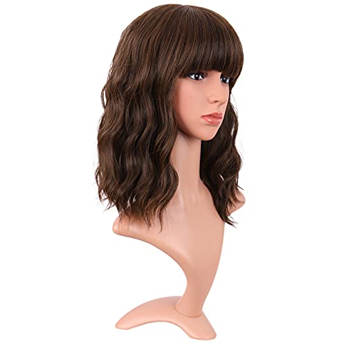 Image of MapofBeauty 14 Inch /35 cm Short Wavy Curly Women Fresh Bright Synthetic Ordinary Flat Bangs Bob Wig (Brown)