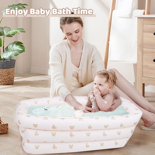 Image of AirSwim Inflatable Baby Bathtub with Built-in Air Pump, Portable Bathtub for Babies 0-5 Years Old, Small Ball Pool, Foldable Bath Tub for Travel, 30.7 x 14.6 Inch (Bear Head)