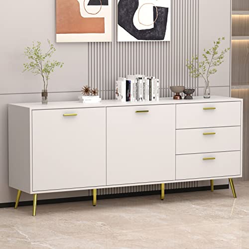 Didugo Kitchen Sideboard Cabinet With 3 Drawers & 2 Doors, Credenza Sideboard Buffet With Shelves, 69 Inch Tabletop, Gold Metal Legs & Handles, White (69”W X 15.6”D X 30”H) #TOP25