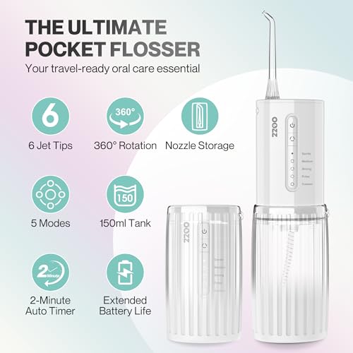OOZZ Kompakter Reise-Munddusche, Taschen-Zahnseidegerät mit USB-C-Ladefunktion, 5 Reinigungsmodi, 6 austauschbaren Aufsätzen, kabellos, IPX8 wasserdicht, auslaufsichere Munddusche, OZ-7214