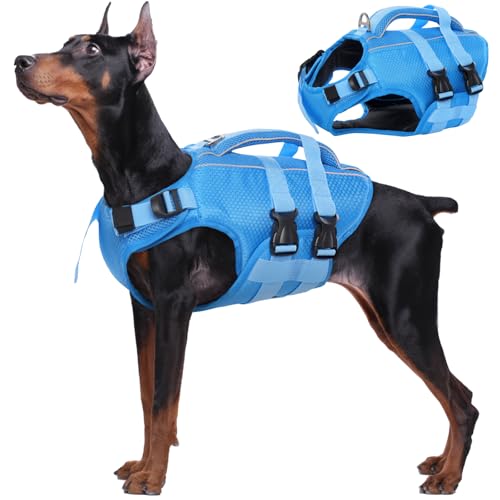 Kuoser Dog Life Jacket, High Flotation Reflective Dog Life Vest, Blue, L