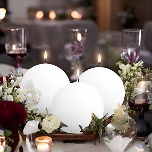 Ball Pillar Candles Set of 3 White 3Inch Unscented Handpoured Weddings, Home Decoration, 75 Hour