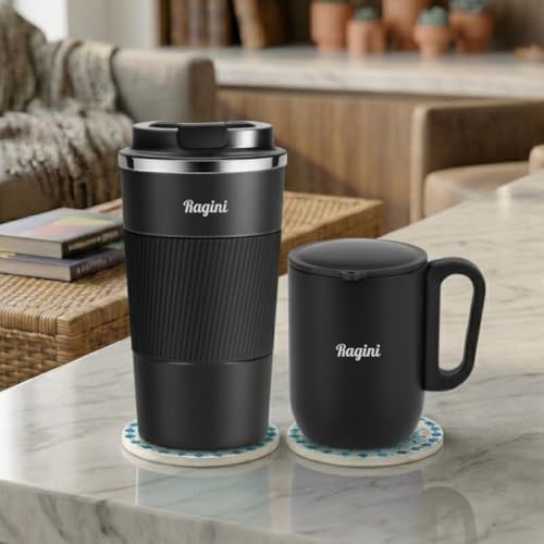 Image of Giftana 3 in 1 Personalized Tumbler with Coffee Mug 180ml & 2 Coasters - Customized Gift Set for Men & Women, Ideal for Husband, Father, Corporate Gifts for Employee (Black)